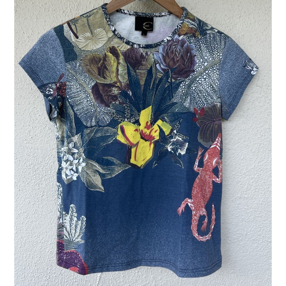 VTG Y2K Just Cavalli Graphic Floral Jungle Print Tee XS Vibrant Reptile Bold